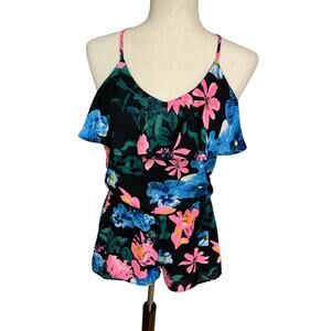 MINE bright floral print tank top shorts summer one piece romper women's small